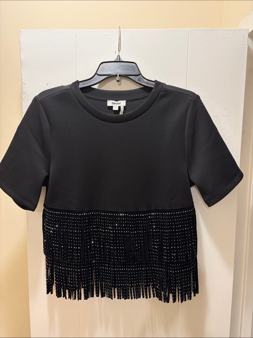 DKNY Black Short-Sleeve Fringe Tee with Stud Accents